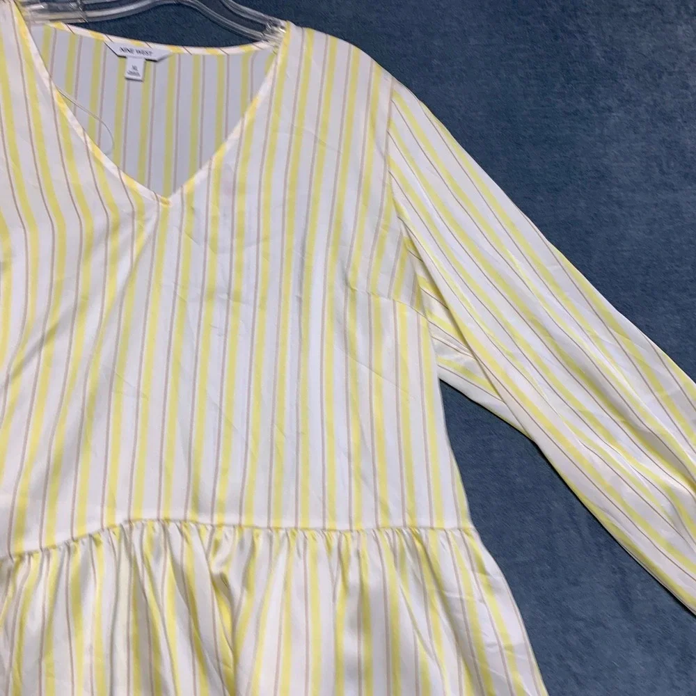 Nine West Shirred Tunic Top Womens XL Yellow White Striped V Neck Long Sleeve